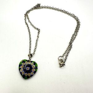 Vintage 18kGP Millefiori heart pendant with 21" silver tone chain, necklace!